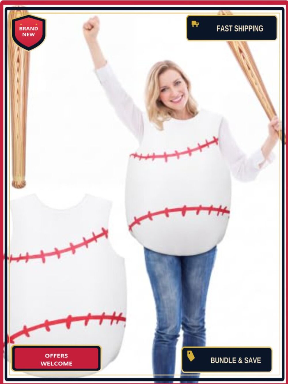 Baseball Costume Set with Inflatable Bat Adult One Size Halloween
